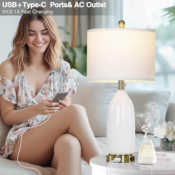 26" Modern White Glass Table Lamps Set of 2,Nightstand Lamp with USB A+C Ports & AC Outlet,Bedside Lamps with 3-Way Dimmable Touch Control Night Light for Bedroom Living Room Side Table