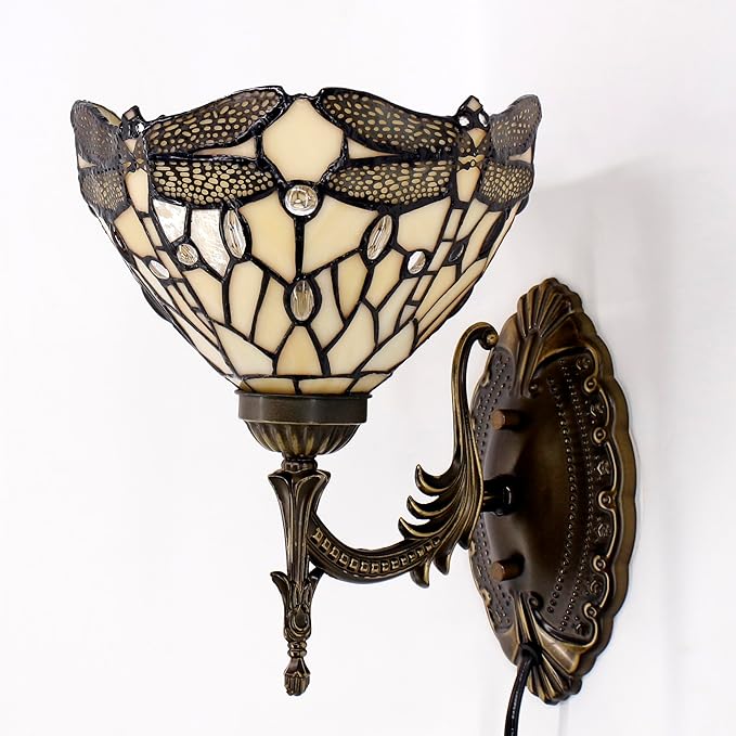 Tiffany Wall Sconce Lamp Blue Stained Glass Flower Style 8X10.5X11 Inch Plug in Wall Bedside Light for Hallway Bedroom (Amber Dragonfly Style)