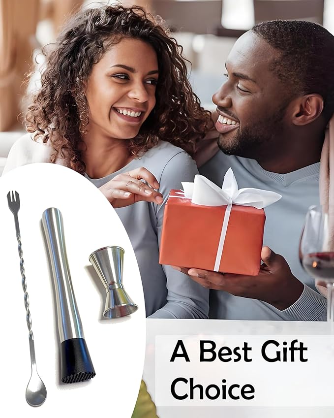 Professional Bar Tools Set, 10-inch Stainless Steel Muddler, Mixing Spoon, Measuring Jigger for Cocktails for Home Bartenders, Mojitos, Margaritas and Fruit-Based Drinks