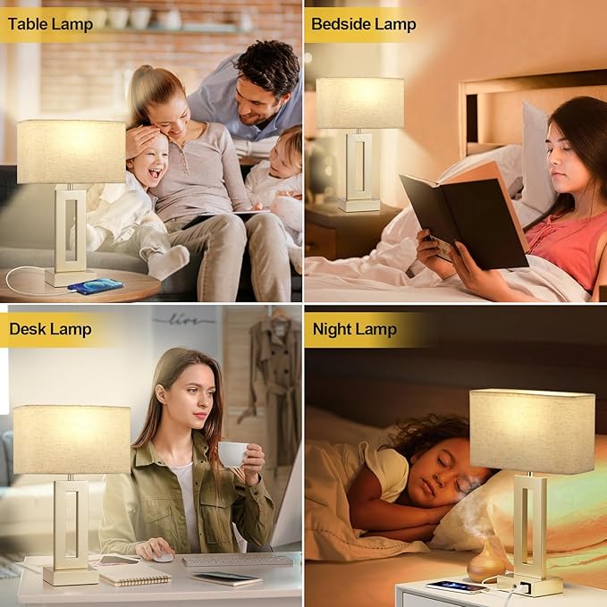 Bedroom Table Lamps Set of 2 - Beige Gold Touch Bedside Lamps with USB C+A, 3 Way Dimmable Gold Lamp for Nightstand, Modern Night Stands Lamps for Living Room