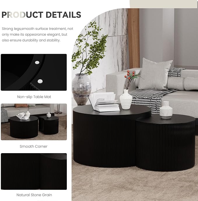 Modern Round Nesting Coffee Table Set of 2, Vertical Stripe Design Drum Coffee Table Cocktail Table, Round Side Table for Living Room, Bedroom, Office, Balcony (C19.69+27.56")