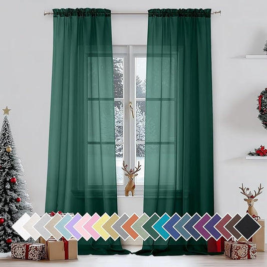 Aiyufeng Hunter Green Sheer Curtain Drapes 90 Inch Length 2 Panels for Living Room, Light Filtering Voile Green Drapes for Bedroom, Patio, Sliding Door, Each 42" W x 90" L