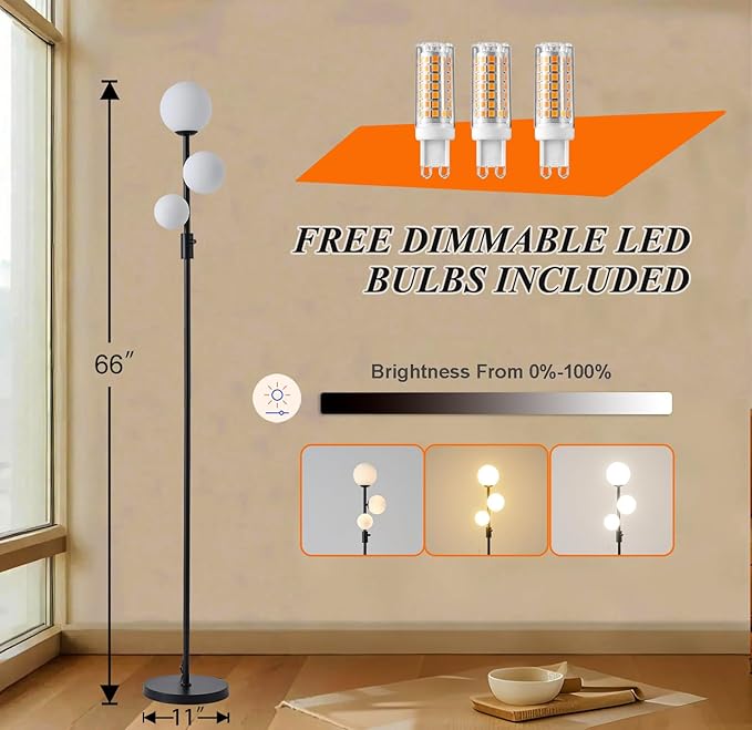 Fiqevs Upgraded Dimmable 3 Globe Mid Century Modern Floor Lamp, 3 x 3000K Warm Light LED Bulbs Included, Matt Black Standing Lamp with Sphere Glass Shade, Vintage Tall Lamp for Living Room, Bedroom