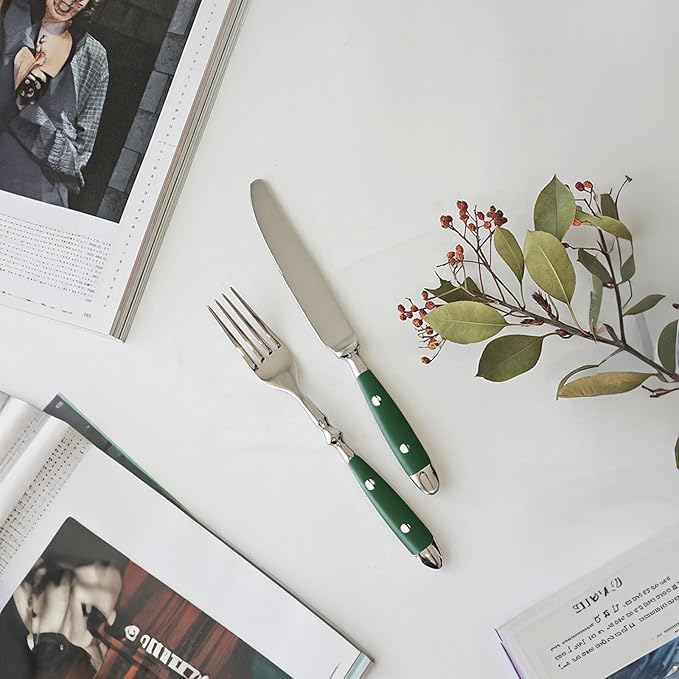 5-Piece Silverware Set, Stainless Steel Flatware Set, Service for 1, Vintage Cutlery Set with Green Bakelite Handle, Mirror Polished | Rustic | Dishwasher Safe