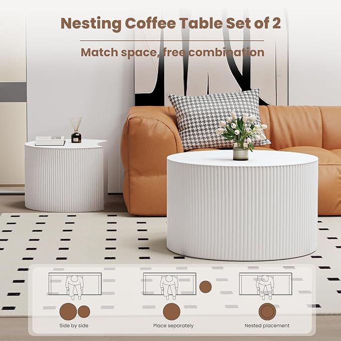 Round Nesting Coffee Table Wood Drum Nesting Tables Modern Stacking Coffee Table Set of 2 Fluted Center Table End Table for Living Room Home Office Small Spaces, No Assembling (White Large)