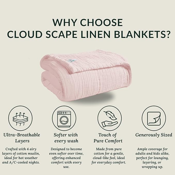 Cloud Scape Linen Extra Large 4 Layer Muslin Throw Blanket - 100% Cotton Gauze, Lightweight & Breathable All Season, Pre-Washed, for Couch & Bed, 50x70, Seashell Pink