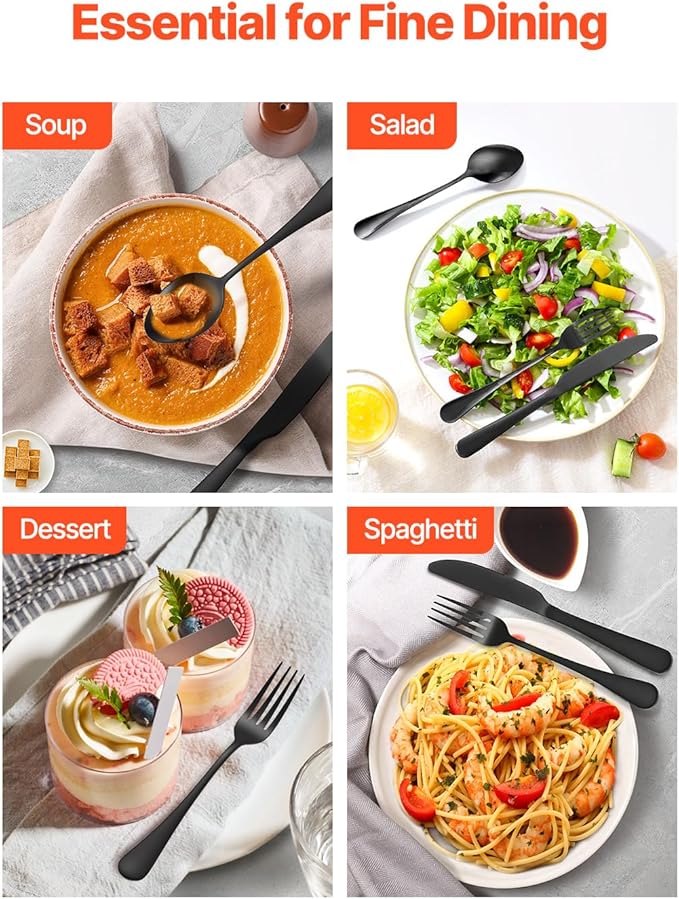 VEVOR 48-Piece Black Silverware Set with Steak Knives, Food-Grade Stainless Steel Flatware Utensils for 8, Mirror Finished Cutlery Set, Dishwasher Safe Eating Tableware for Kitchen Home, Service for 8