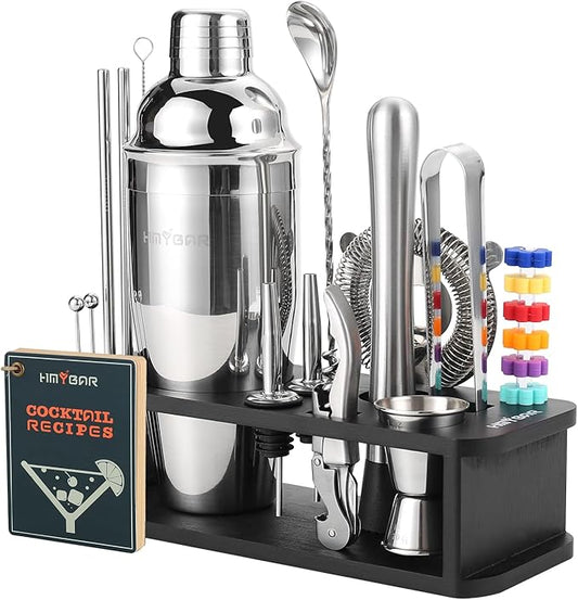 HMYBAR® 22-pc Cocktail Shaker Set(24oz/700ml) | Mixology Bartender Kit | Bar Tool Set | Martini Making Set with 39-Recipe Cocktail Cards & Kit's Deco, Bamboo Stand Black Color, Silver Tools