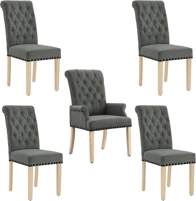 AODCHR Upholstered Fabric Accent Dining Chair Set of 5, Elegant Tufted Dining Room Chairs, Kitchen Room 1 Arm with 4 Armless, Dark Grey