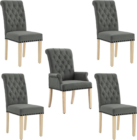 AODCHR Upholstered Fabric Accent Dining Chair Set of 5, Elegant Tufted Dining Room Chairs, Kitchen Room 1 Arm with 4 Armless, Dark Grey