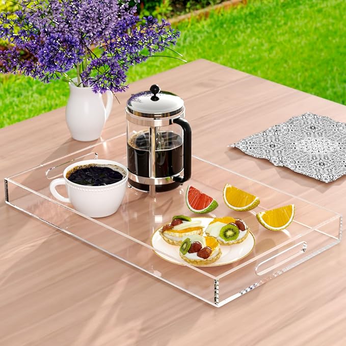 NIUBEE Acrylic Serving Tray 12x20 Inches -Spill Proof- Clear Decorative Tray Organiser for Ottoman Coffee Table Countertop with Handles