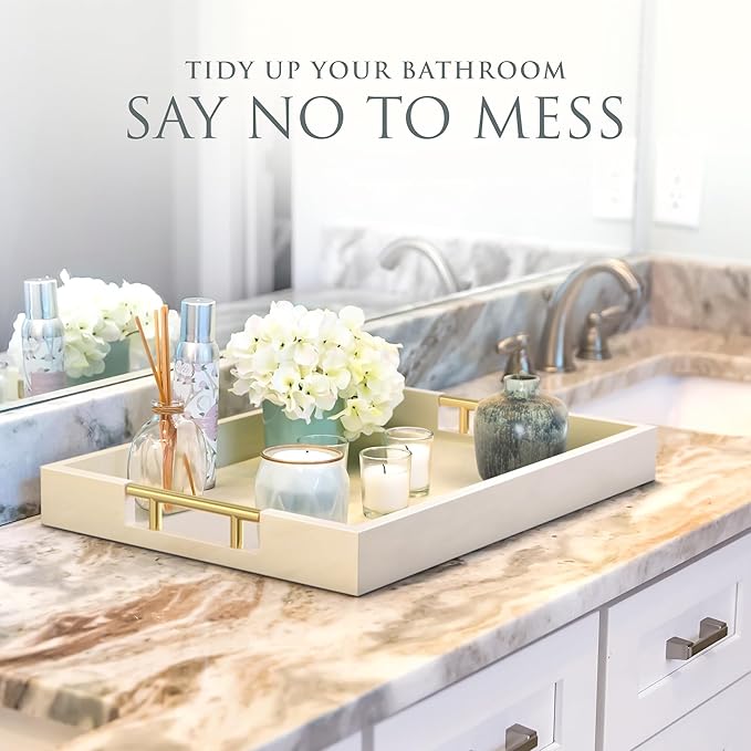 Wood Serving Tray with Gold Polished Metal Handles, Home Decorative Wooden Rectangle Ottoman Decor Platter Bathroom Vanity Tray for All Occasions, Gloss Finish, 16"x12", White