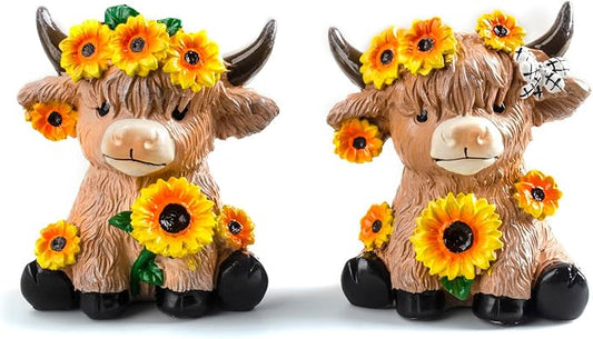 2 Pcs Highland Cow Figurines Spring Sunflower Highland Cow Gifts Summer Decorations for Kitchen Home Office Tiered Tray Table Decor