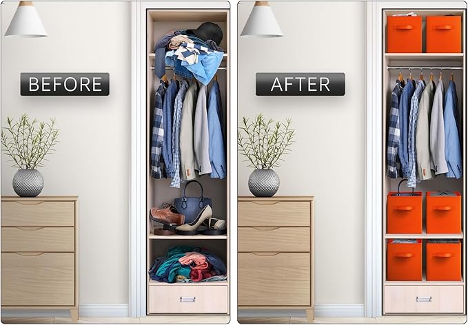 Sorbus Foldable Storage Cubes - 6 Fabric Baskets for Organizing Pantry, Shelf, Toy Box, Cubby, Closet - 11 Inch Collapsible Closet Organizers and Storage Bins with Handle (Orange)