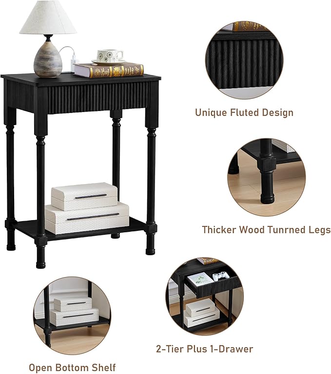23.6” Large End Table with Charging Station, Modern Farmhouse Side Table Sofa Tables with Fluted Drawer, Wooden Bedside Table Night Stand for Bedroom Living Room Home Office, Black