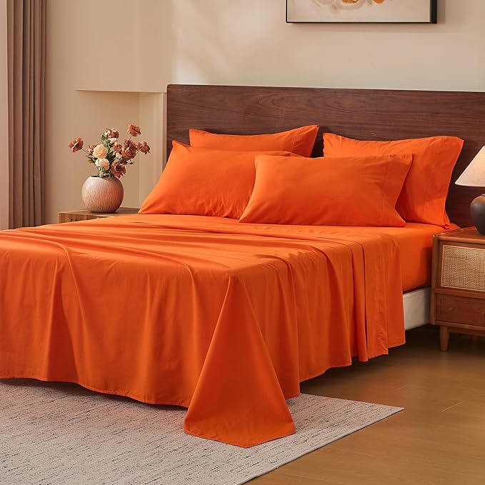 MEISHANG 100% French Pure Linen Sheets King Size - 6 PC Extra Deep Pocket Sheet Set, Soft Durable Flax Linen, Anti-Tear Breathable & Oeko-Tex Certified 18-24 Deep Pocket,All Season(Orange)