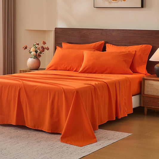 MEISHANG 100% French Pure Linen Sheets King Size - 6 PC Extra Deep Pocket Sheet Set, Soft Durable Flax Linen, Anti-Tear Breathable & Oeko-Tex Certified 18-24 Deep Pocket,All Season(Orange)