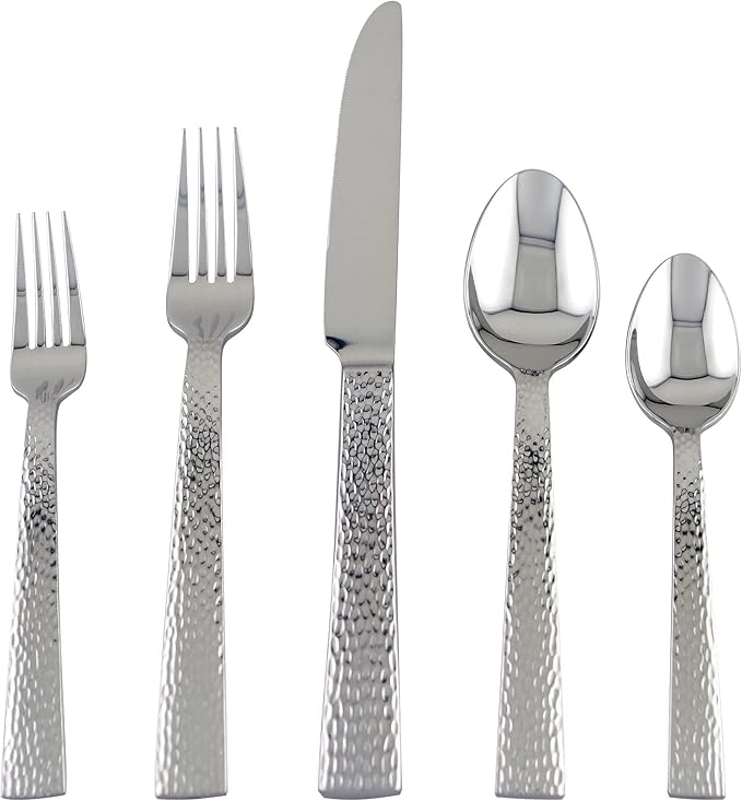 Supreme Housewares 20-Piece 18/8 Stainless Steel Flatware Set, Service for 4, Include Knives Forks Spoons Teaspoons Salad Forks, Mirror Polished, Dishwasher Safe (Hammered)