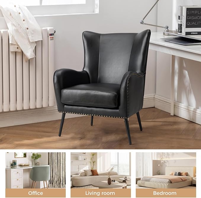 HULALA Home Faux Leather Accent Chair w/Removable Cushion, Comfy Upholstered Armchair with Black Metal Legs & Nailhead Trim Wingback Vanity Chair Desk Chair for Reading Living Room Bedroom, Black