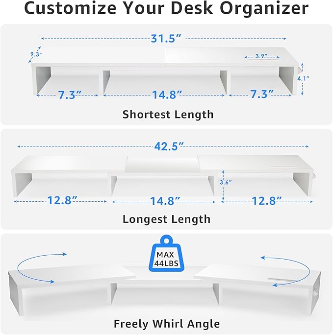 Dual Monitor Stand Riser for 2 Monitors, Monitor Stand for Desk, Adjustable Length & Swivel Angle Wooden Desktop Organizer Stand Riser with Smartphone Holder for PC Monitor Laptop, White