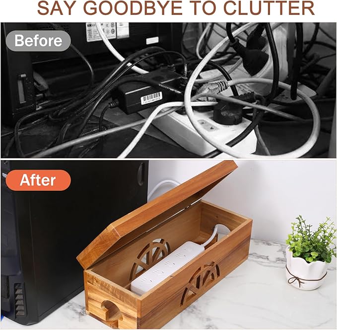 Wood Cable Management Box - 15.8" (L) x 6" (W) 5.5" (H) Acacia Wood Cable Hider Box, Cord Hider with Magnet Design & Outlet Hole, Power Strip Surge Protect & Organizer for Home Office Kitchen TV Wires