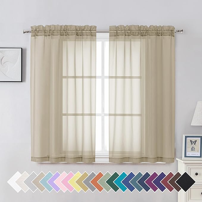 Aiyufeng Taupe Sheer Curtains 45 Inches Long 2 Panels Set, Semi Transparent Voile Rod Pocket Sheer Window Drapes for Bedroom Bed Canopy Living Room Dining Wedding Party Backdrop, 42W x 45L inch