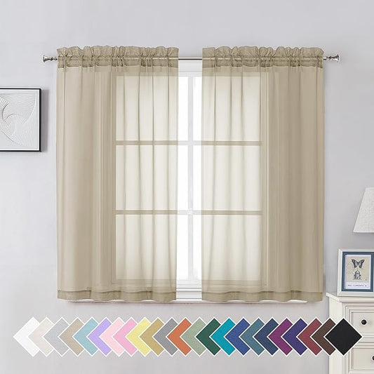 Aiyufeng Taupe Sheer Curtains 45 Inches Long 2 Panels Set, Semi Transparent Voile Rod Pocket Sheer Window Drapes for Bedroom Bed Canopy Living Room Dining Wedding Party Backdrop, 42W x 45L inch