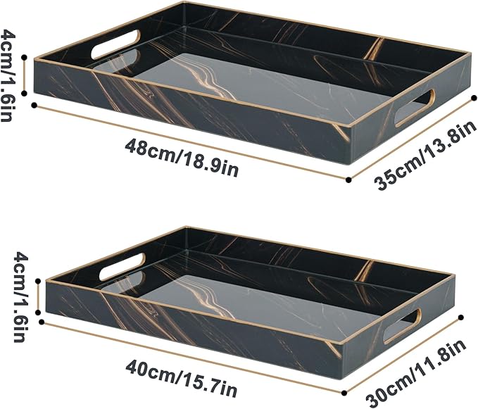 Set of 2 Serving Tray,Plastic Marble Coffee Table Tray 18.9"x13.7"x1.6"/15.7"x11.8"x1.6" Food Trays for Eating on Lap Coffee Tray with Handles Rectangular Decorative Trays,Tea Trays for Serving