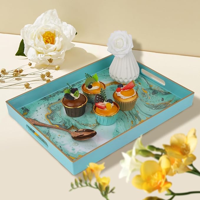 Sturdy Acrylic Serving Tray with Handles-15.7x11.8Inch, Morden Plastic Rectangular Serving Tray for Coffee Table Bathroom, Ottoman, Home Decor (Rectangular - Turquoise)