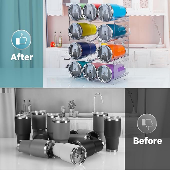 [Large Compartment] Water Bottle Organizer for Stanley 40 oz, 4 Pack Stackable Water Bottle Organizer, Clear Water Bottle Holder for Tumbler Travel Mug Cup, Kitchen Pantry Organization and Storage