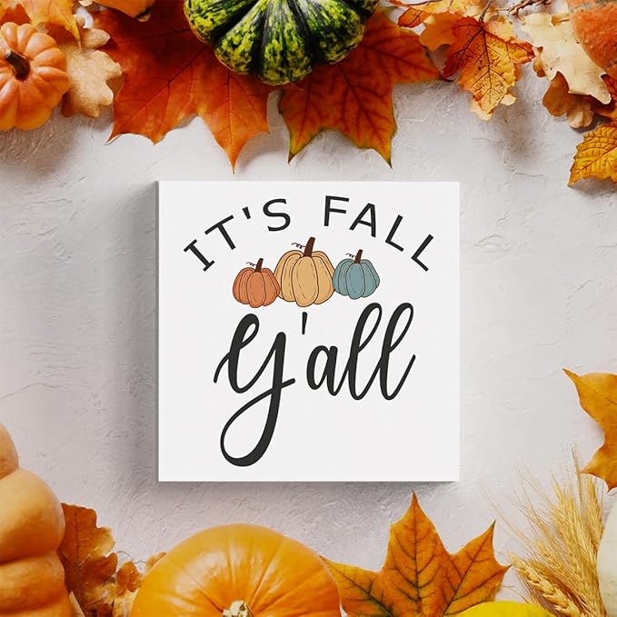 Fall Wooden Box Sign, 5.1 X 5.1 Inch Pumpkin Autumn Wood Sign for Tiered Tray, Home Living Room Harvest Day Thanksgiving Tabletop Decor - It's Fall Y'all 2