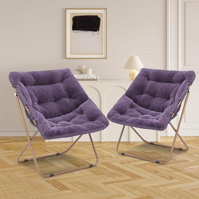 Athena Collection Saucer Chair for Adult, Square Comfy Cozy Chair Folding Chair Faux Fur Metal Frame Foldable Reading Chair Accent Chair for Bed Room Living Room Set of 2, Purple