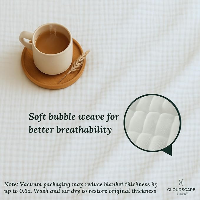 Cloud Scape Linen 100% 8-Layer Cotton Muslin Blanket Queen Size,Lightweight All Season Blanket for Bed, Oversized Cotton Blankets, fits Full Size Bed, 92x92, White