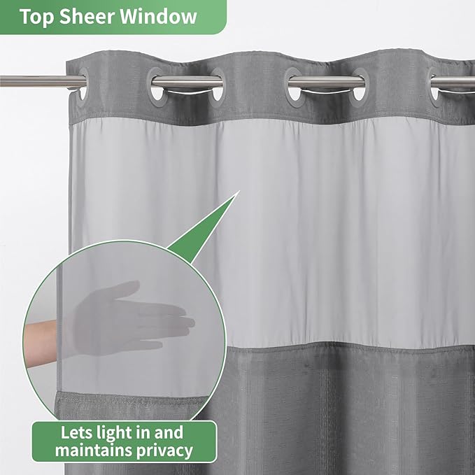 Grey No Hook Shower Curtain with Snap-in Fabric Liner Set,Slub Textured Fabric Shower Curtains for Bathroom,Hotel Style Modern Shower Curtain,Water Repellent & Washable,71x77(75)