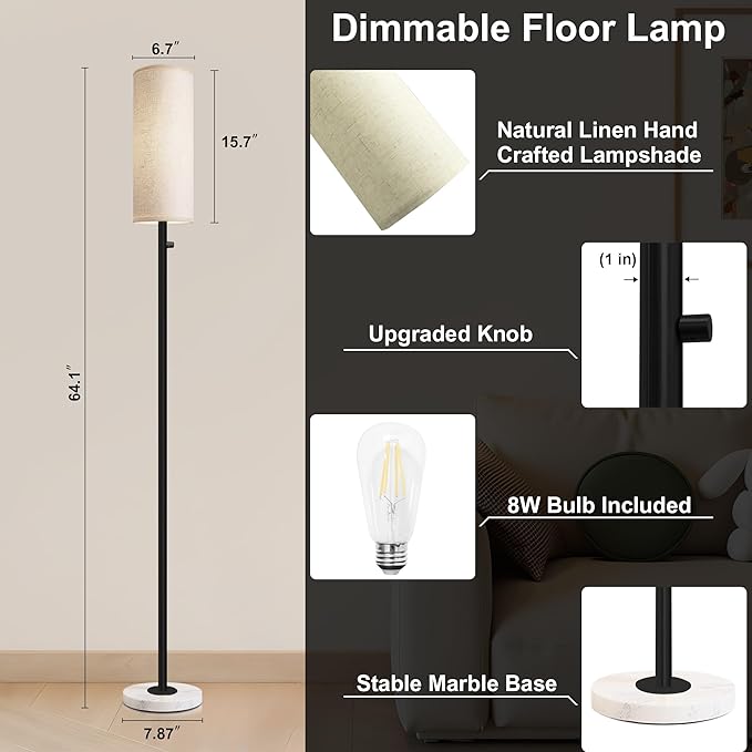 Floor Lamp for Living Room,Dimmable Floor Lamp with LED Bulb,Modern Standing Lamp with Marble Base,Tall Standing Lamps for Living Room,Bedroom,Office,Reading and Nursery(Black)
