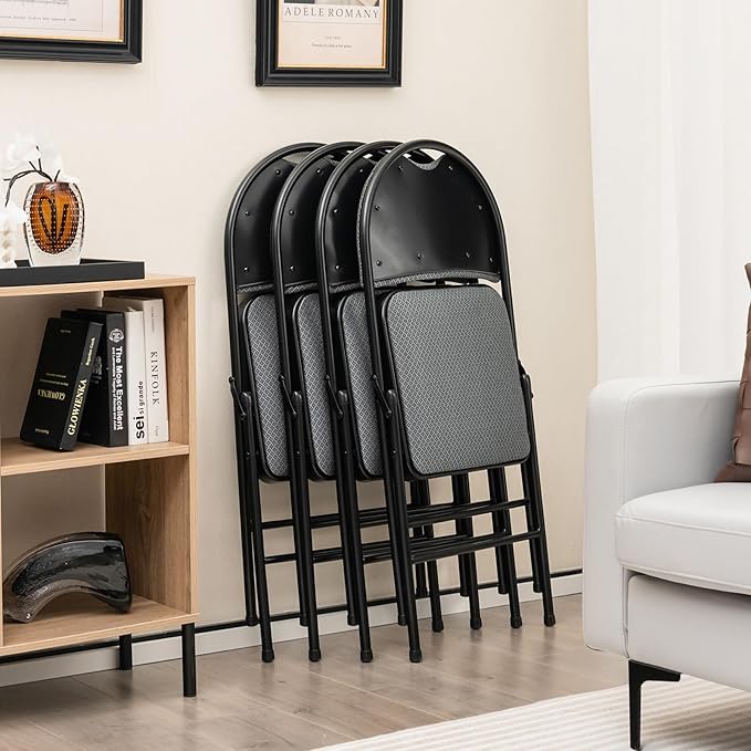 POWERSTONE Folding Chairs 4 Pack, Foldable Chair Set with Padded, Handle Hole and Metal Frame Dining Chair Set for Indoor and Outdoor, School, Office and Garden Party (Grey)