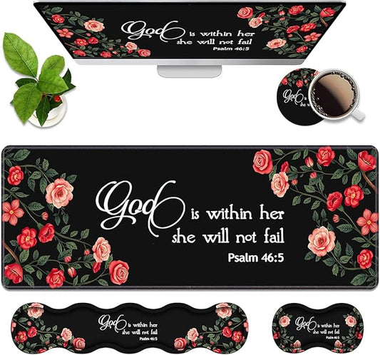 4 in 1 Ergonomic Memory Foam Mouse Pad Wrist Rest Set, Large XXL Gaming Desk Pad + Keyboard Wrist Rest + Mouse Wrist Cushion + Coaster for Home Office Study Gaming, Floral Quote Bible Verse Psalm 46:5