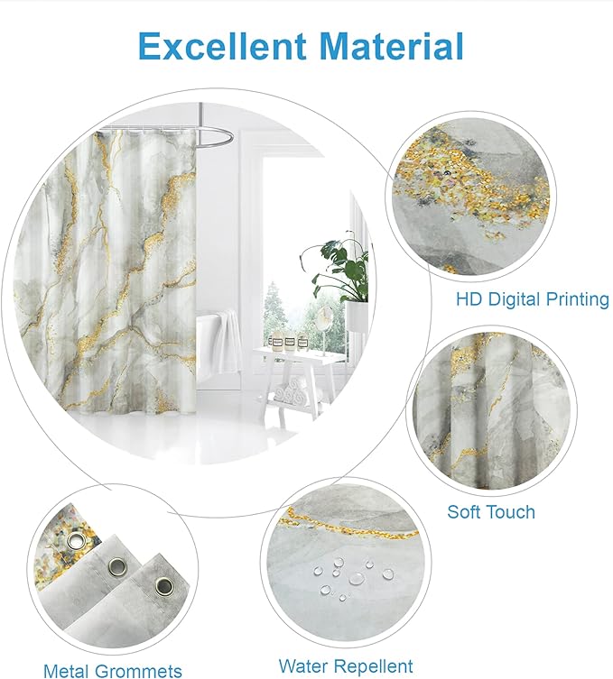 Marble Shower Curtain, Grey Marble Shower Curtain Set with 12 Hooks, Abstract Luxury Gray White Marble with Gold Veins Texture Shower Curtains for Bathroom, Waterproof Fabric, 72" W X 72" L