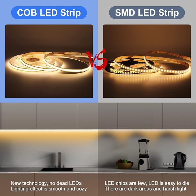 High Bright Cold Blue COB LED Light Strip Decorative Self Adhesive LED Tape DC 24V 480LEDs/m 16.4FT/5M CRI 90 Ribbon Lights for Home Kitchen Bedroom Bar Decor (DC24V, Without Power Supply)