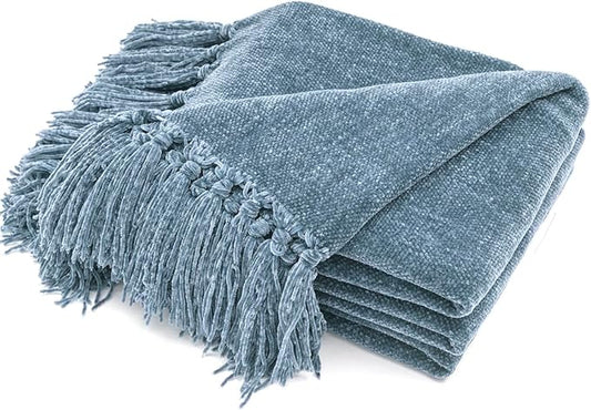RECYCO Throw Blanket Soft Cozy Chenille Throw Blanket with Fringe Tassel for Couch Sofa Chair Bed Living Room Gift (Dusty Blue, 60'' x 80'')