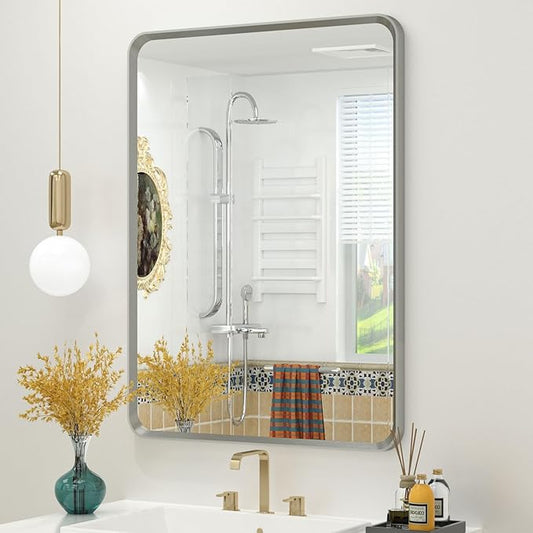 OKPAL 24 x 28 Silver Bathroom Mirror for Wall, Brushed Metal Framed Bathroom Vanity Mirror, Modern Rounded Rectangle Mirror, Anti-Rust (Horizontal/Vertical)