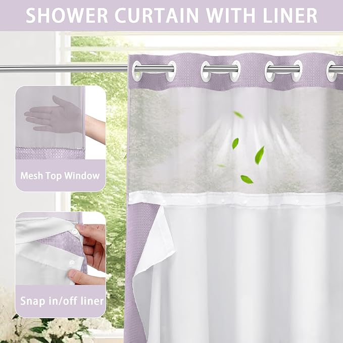 YellyHommy No Hook Shower Curtain with Snap in Liner Set Less Time Waffle Shower Curtain for Bathroom 75" L x 72" W Purple