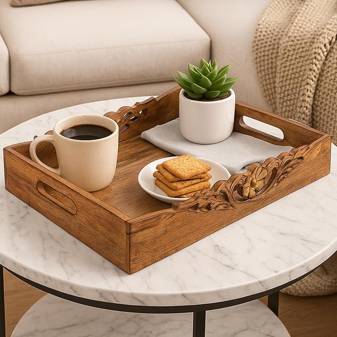 Mela Artisans Orchid Design Wooden Decorative Tray with Handles | 16x12x2.5 Mango Wood Ottoman Tray | for Kitchen Countertop | Coffee Table | Snacks | Desserts | Breads | Bedroom Decor