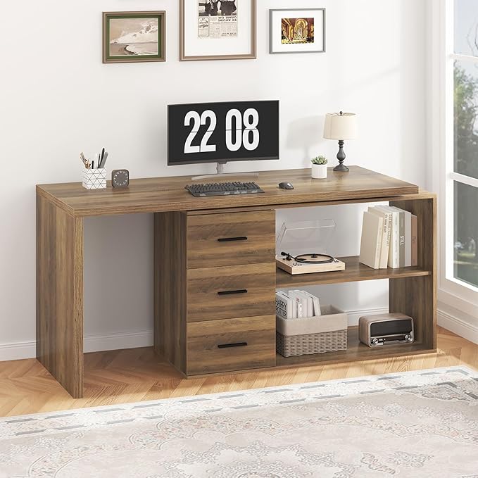 HSH 360 Rotating L Shaped Desk with Drawers, L Shape Computer Desk with Storage Cabinet Shelves, Rustic Home Office Desk for Executive Writing Study Work, Wood Table Swivel Desk, Rustic Oak, 55 Inch