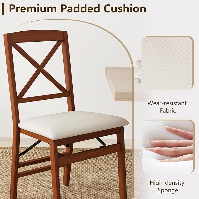 COSTWAY Folding Dining Chairs Set of 2, Upholstered Wooden Dining Room Chairs with X-Shaped Back, 400LBS Capacity and Solid Wood Frame for Kitchen Apartment (Brown & Beige)