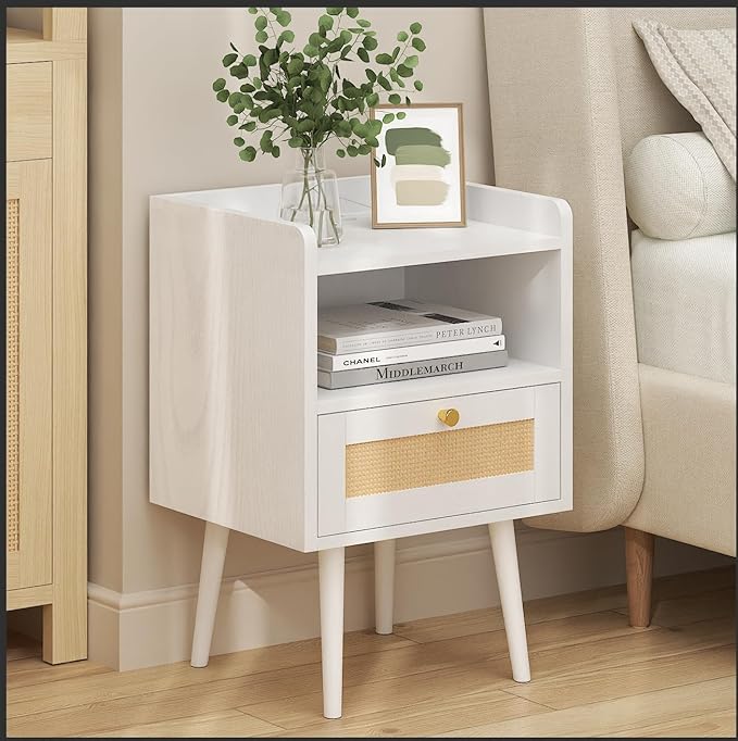 Night stand Set of 2, Bedside Tables with Charging Station, Rattan End Tables, Boho Bed Side Tables, Wood Nightstands set of 2 for Kids' Room Farmhouse Bedroom Living Room Dorm Sofa Couch (black)