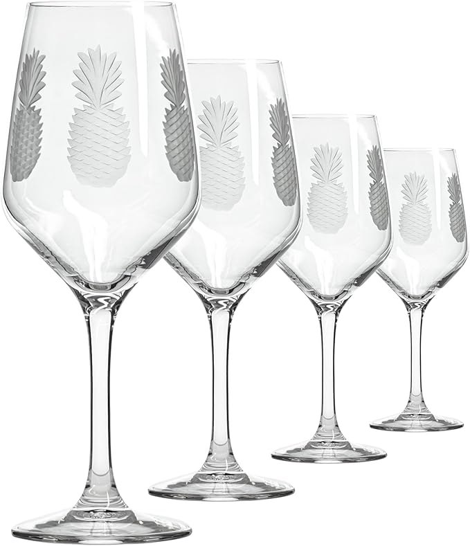 Rolf Glass Fresh Pineapple White Wine Glass | 10.75oz | Lead-Free and Diamond-Wheel Engraved | Engraved in the US | Tropical Glassware with Etched Pineapple Design | Set of 4