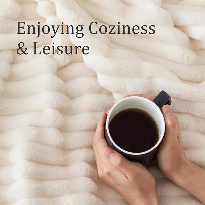 BEDELITE Fleece Throw Blanket for Couch - 300GSM Soft & Warm Fluffy Cream White Blanket, Decorative and Giftable Striped Blankets for Women, Men, 50"x60"