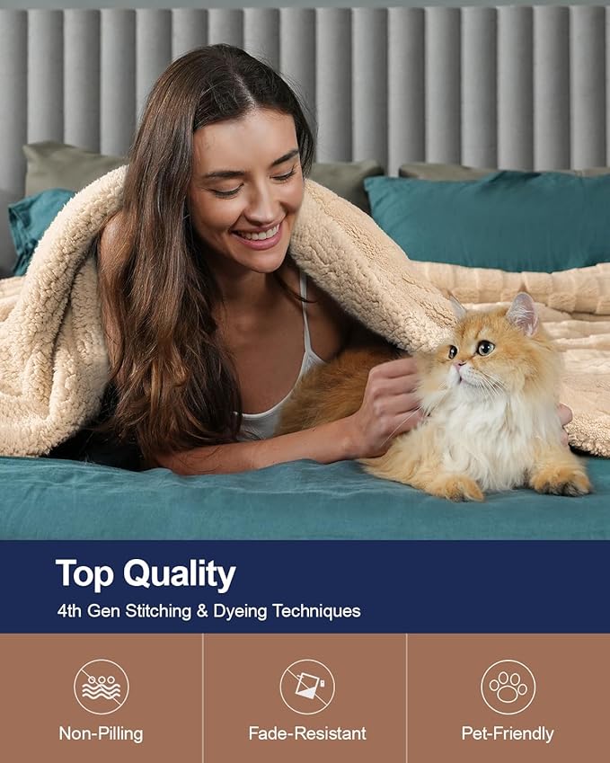 Pawque Super Soft Cozy Throw Blanket for Couch Sofa Bed - Fluffy Sherpa Fleece Reversible Thick Warm Fuzzy Blanket for All-Season, 3D Checkered Jacquard Elegant Decorative Blankets, Khaki, 50" x 60"