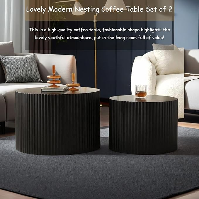 Modern Round Nesting Coffee Table Set of 2, Vertical Stripe Design Drum Coffee Table Cocktail Table, Round Side Table for Living Room, Bedroom, Office, Balcony (D19.7+27.6")